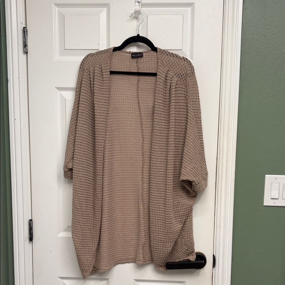 Free Kisses Taupe Open-Front Waffle Knit Cardigan